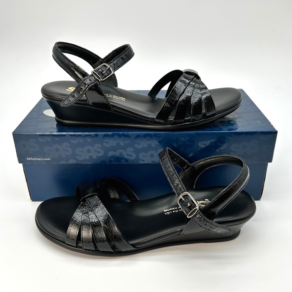 SAS Strappy Dress Sandals Womens Size 8 M Black Patent Leather Wedge Heel NEW